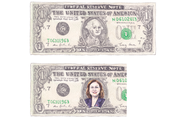For every dollar earned by a white man in America, a white woman earns 77 cents, a black woman earns 69 cents, and a Latina woman earns 57 cents. Infographic by Emily Nemens for LeanIn.Org.